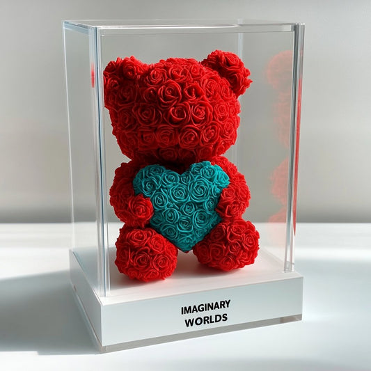 Red Rose Bear with Teal Roses Heart - Imaginary Worlds