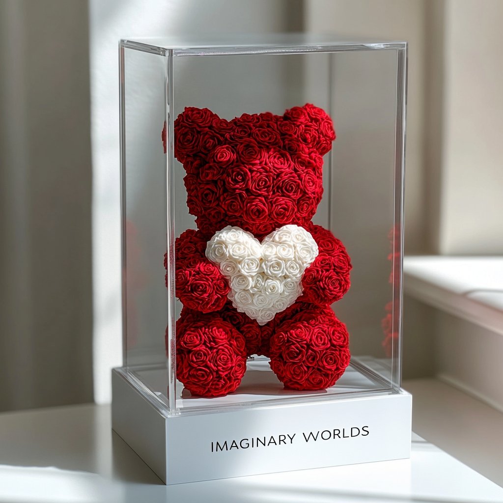 Red Rose Bear with White Roses Heart - Imaginary Worlds