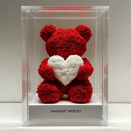 Red Rose Bear with White Roses Heart - Imaginary Worlds