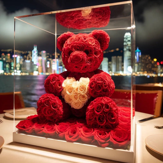 Red Rose Bear with White Roses Heart - Imaginary Worlds