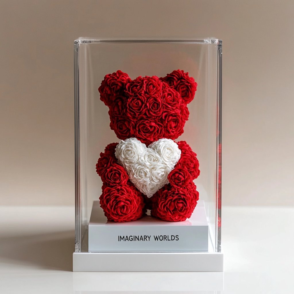 Red Rose Bear with White Roses Heart - Imaginary Worlds