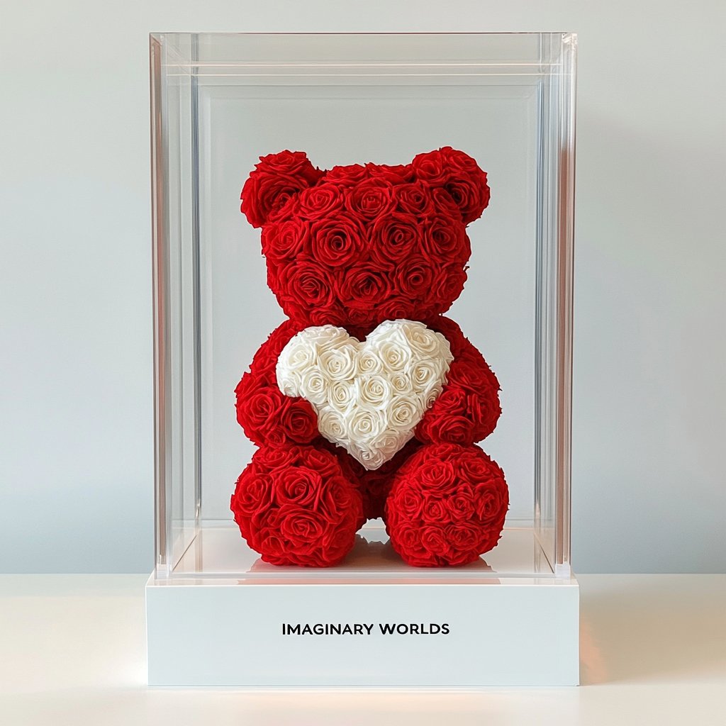 Red Rose Bear with White Roses Heart - Imaginary Worlds