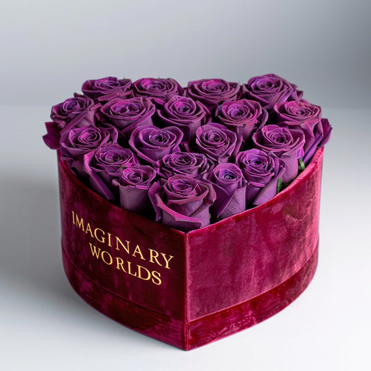 Royal Purple Forever Roses in Heart - Shaped Velvet Box - Imaginary Worlds