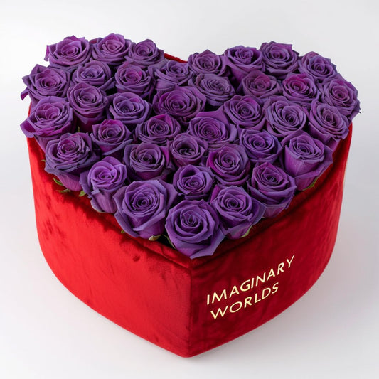 Royal Purple Forever Roses in Heart - Shaped Velvet Box - Imaginary Worlds