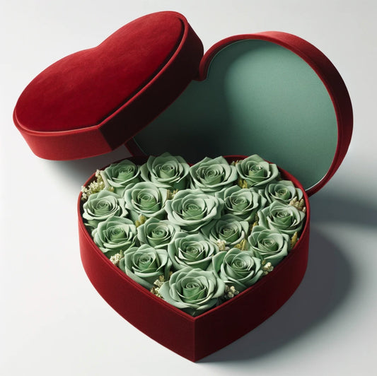 Sage Green Forever Roses in Heart-Shaped Velvet Box - Imaginary Worlds
