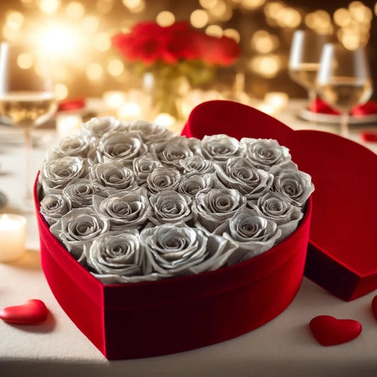 Silver Forever Roses in Heart-Shaped Velvet Box - Imaginary Worlds
