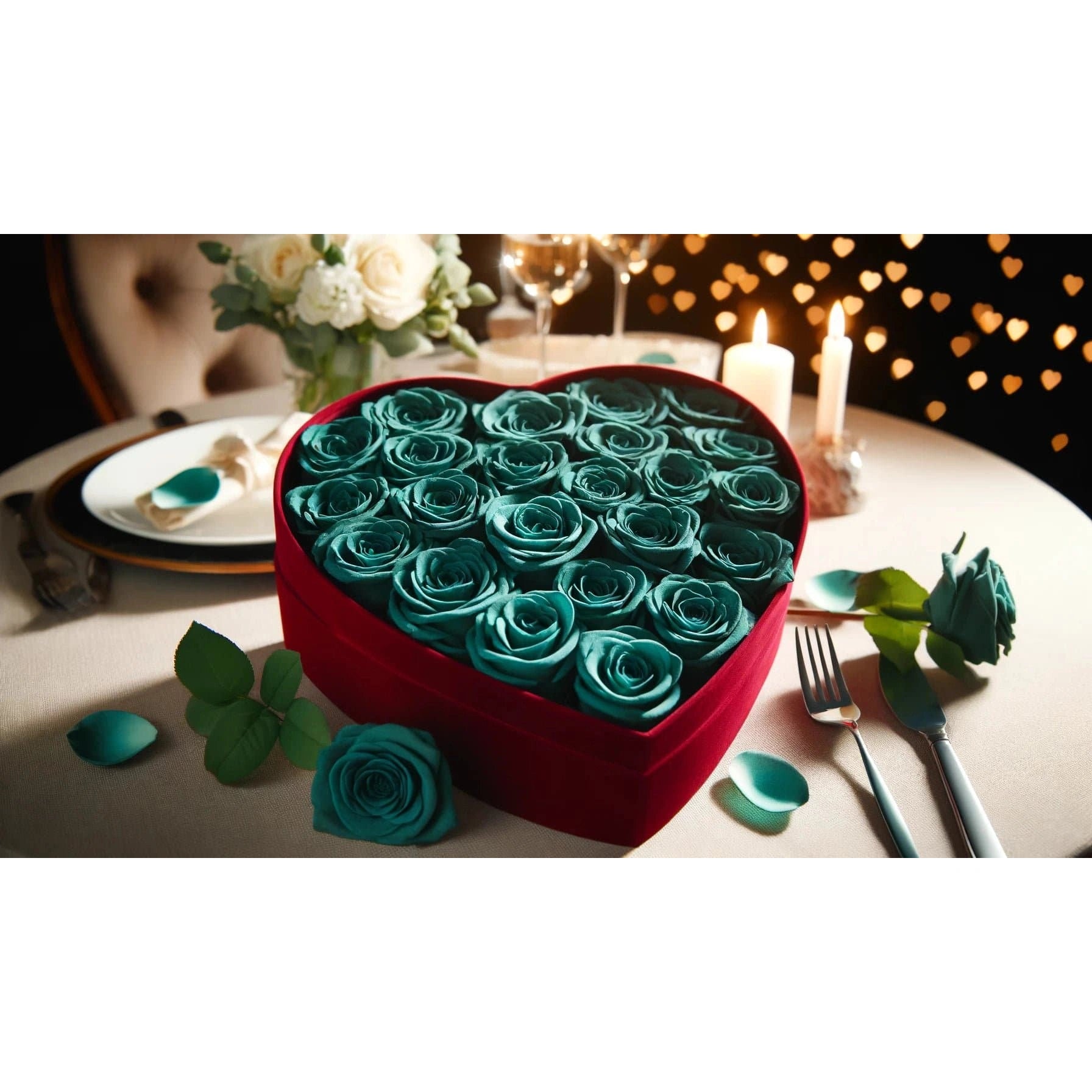 Teal Forever Roses in Heart-Shaped Velvet Box - Imaginary Worlds