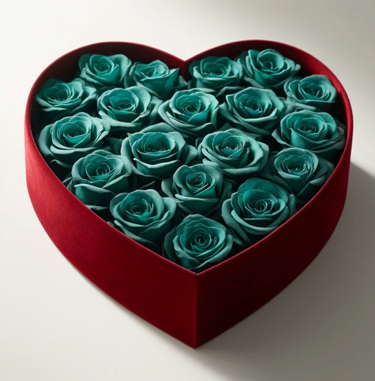Teal Forever Roses in Heart-Shaped Velvet Box - Imaginary Worlds
