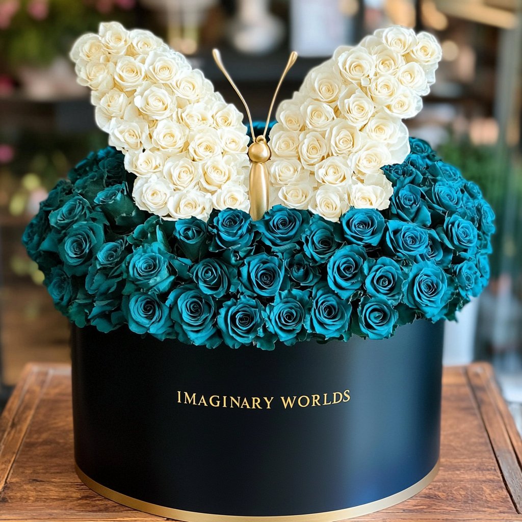 Teal Ramo Buchon White Roses Butterfly - Imaginary Worlds