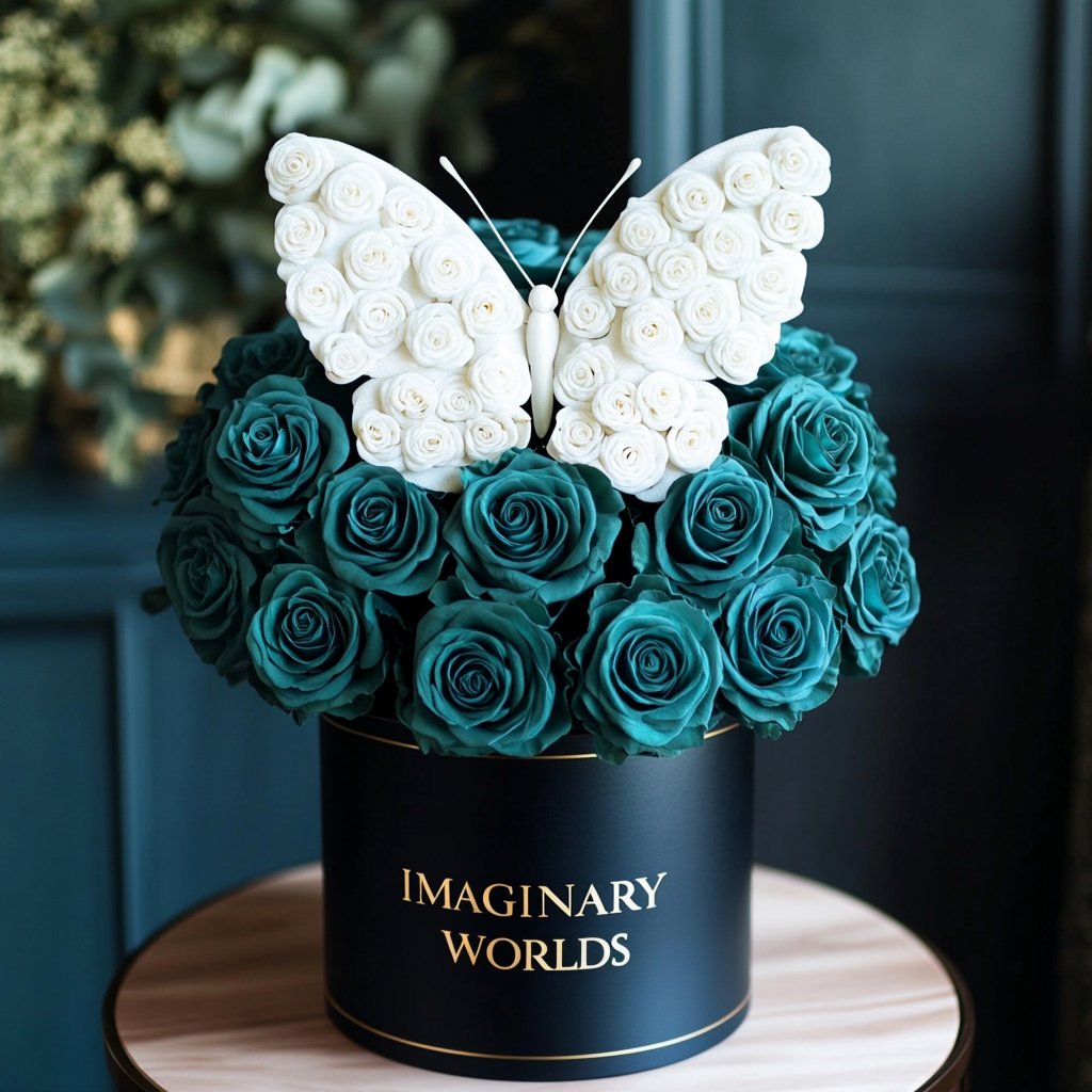 Teal Ramo Buchon White Roses Butterfly - Imaginary Worlds