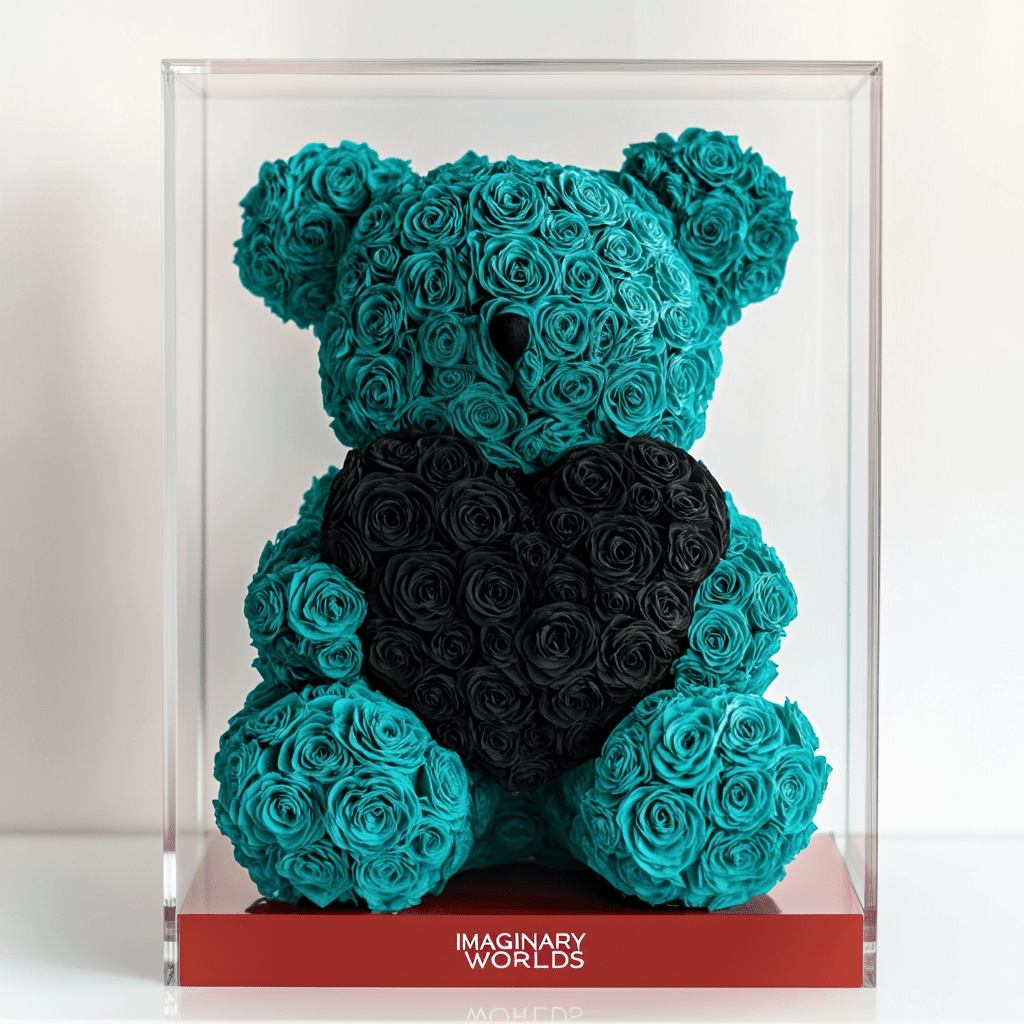 Teal Rose Bear with Black Roses Heart - Imaginary Worlds