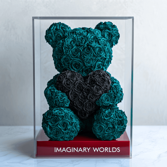 Teal Rose Bear with Black Roses Heart - Imaginary Worlds