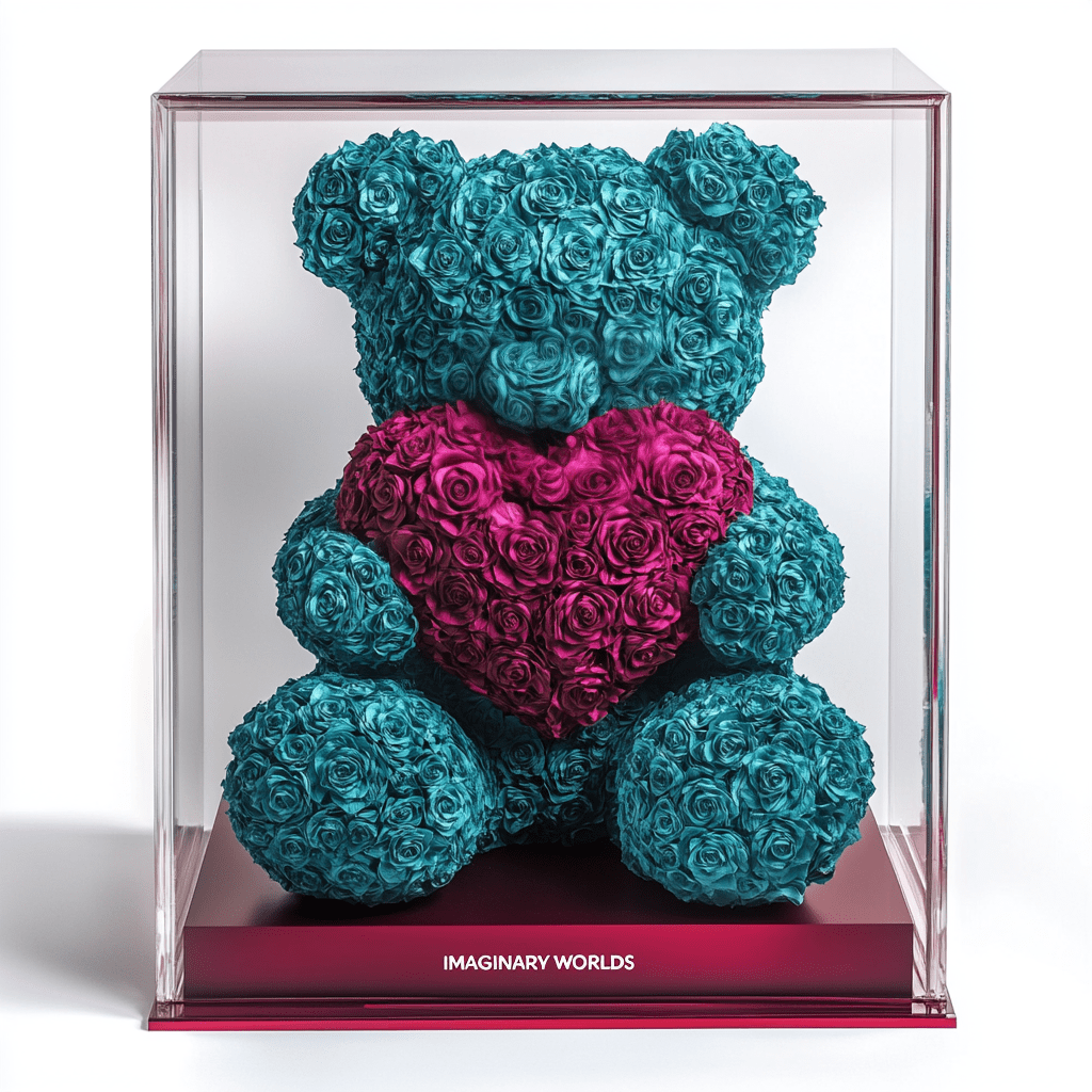 Teal Rose Bear with Magenta Roses Heart - Imaginary Worlds