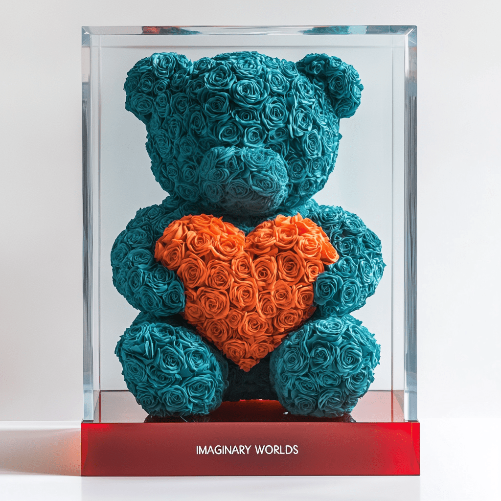 Teal Rose Bear with Orange Roses Heart - Imaginary Worlds