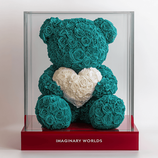 Teal Rose Bear with White Roses Heart - Imaginary Worlds