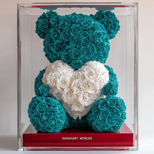 Teal Rose Bear with White Roses Heart - Imaginary Worlds