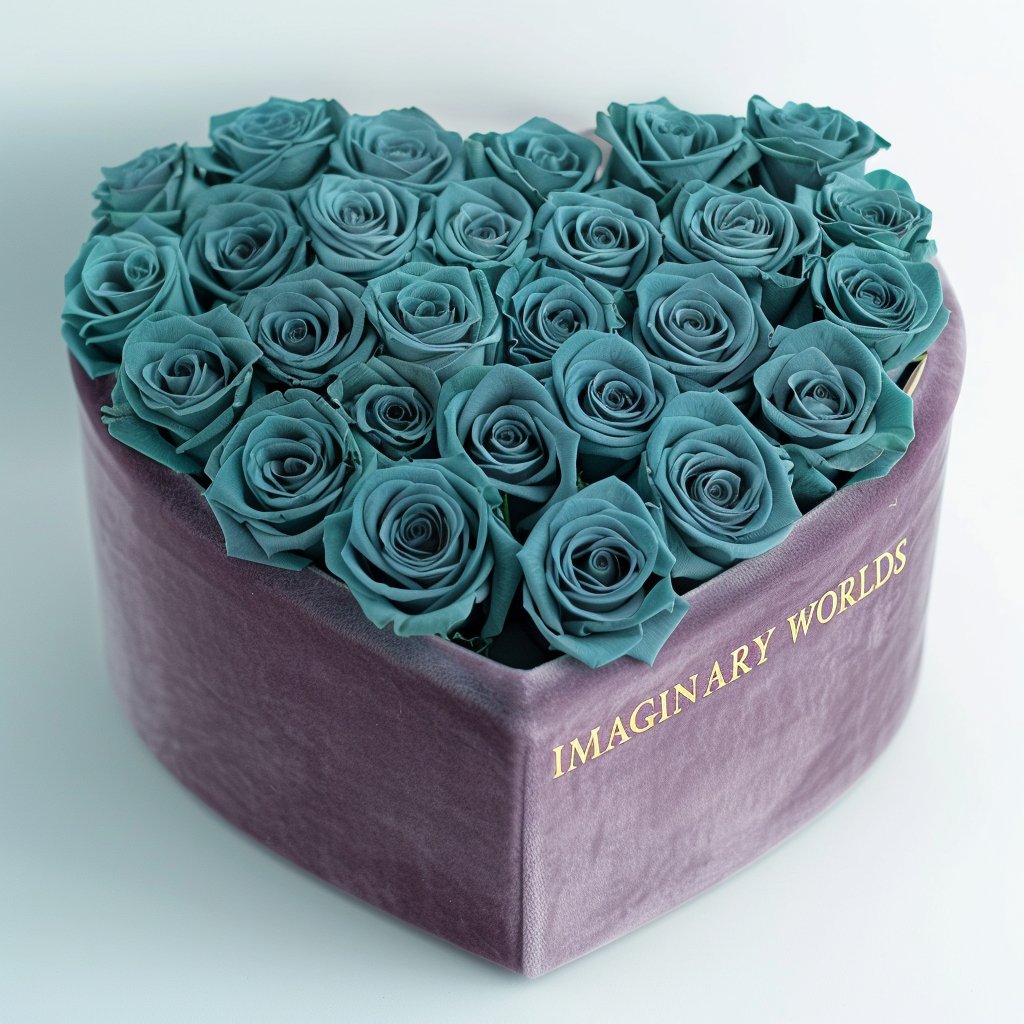 Teal Roses in Lavender Velvet Heart Box - Imaginary Worlds