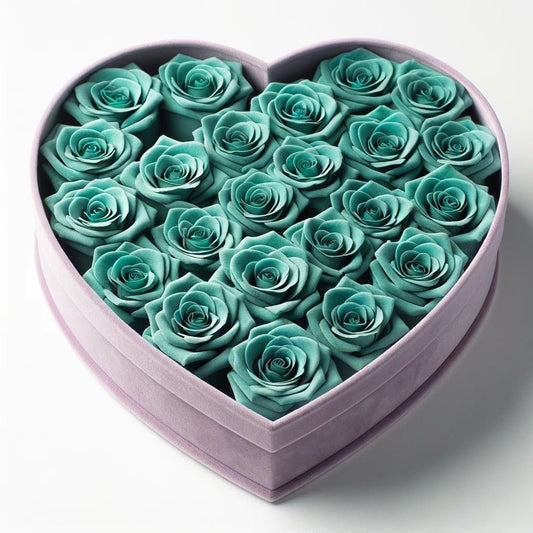 Teal Roses in Lavender Velvet Heart Box - Imaginary Worlds