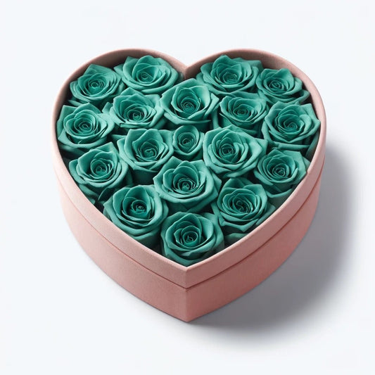 Teal Roses in Light Pink Heart-Shaped Velvet Box - Imaginary Worlds