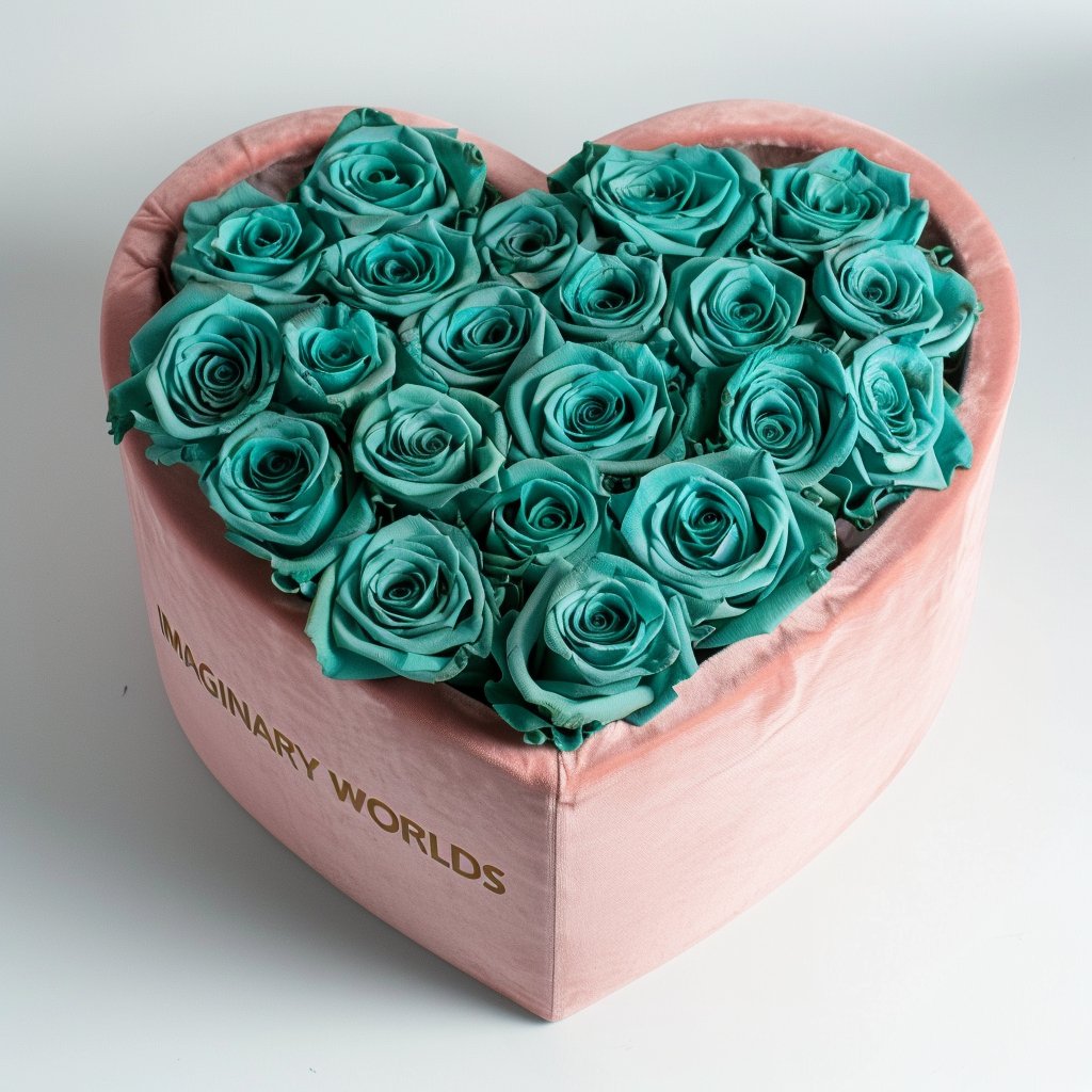 Teal Roses in Light Pink Heart - Shaped Velvet Box - Imaginary Worlds