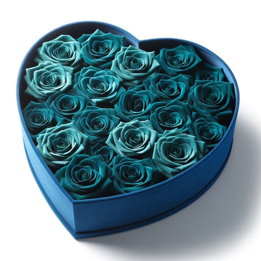 Teal Roses in Royal Blue Heart-Shaped Velvet Box - Imaginary Worlds