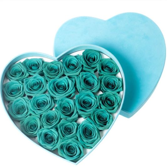 Teal Roses in Tiffany Blue Heart-Shaped Velvet Box - Imaginary Worlds