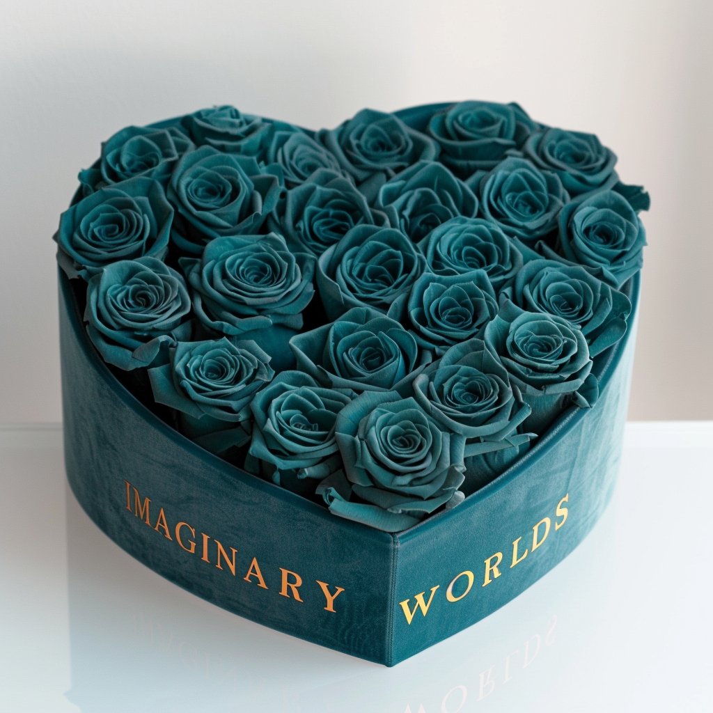 Teal Roses in Tiffany Blue Heart - Shaped Velvet Box - Imaginary Worlds