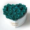 Teal Roses in White Heart - Shaped Velvet Box - Imaginary Worlds