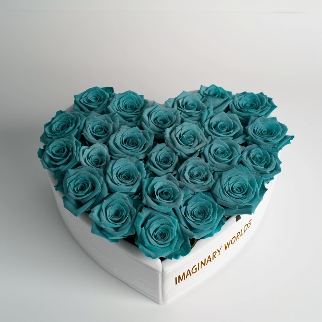 Teal Roses in White Heart - Shaped Velvet Box - Imaginary Worlds