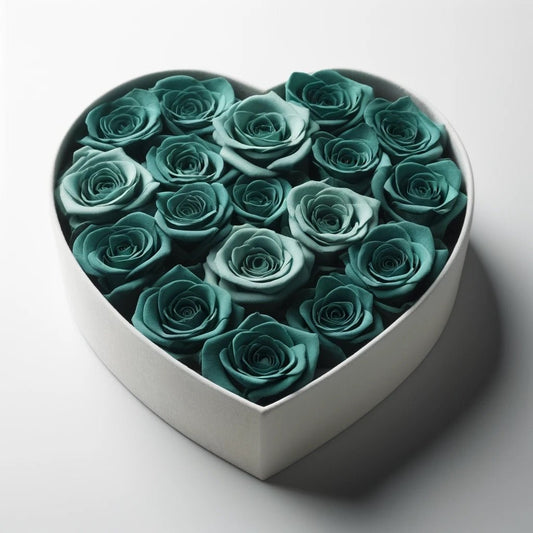 Teal Roses in White Heart-Shaped Velvet Box - Imaginary Worlds
