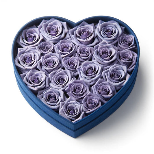 The "Lavender Roses in Royal Blue Heart-Shaped Velvet Box - Imaginary Worlds