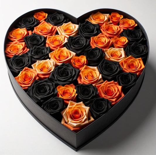 Twilight Glow Roses in Heart-Shaped Black Box - Imaginary Worlds