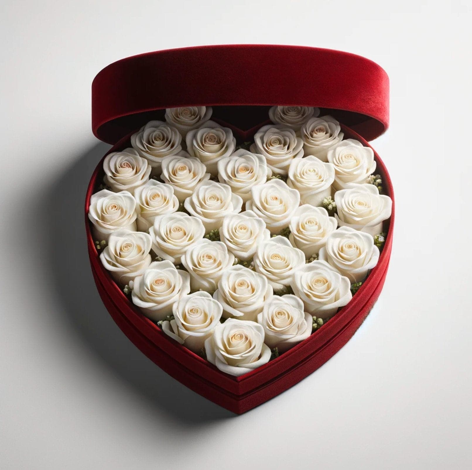 White Forever Roses in Heart-Shaped Velvet Box - Imaginary Worlds