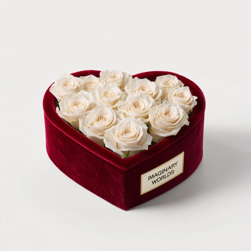 White Forever Roses in Heart - Shaped Velvet Box - Imaginary Worlds