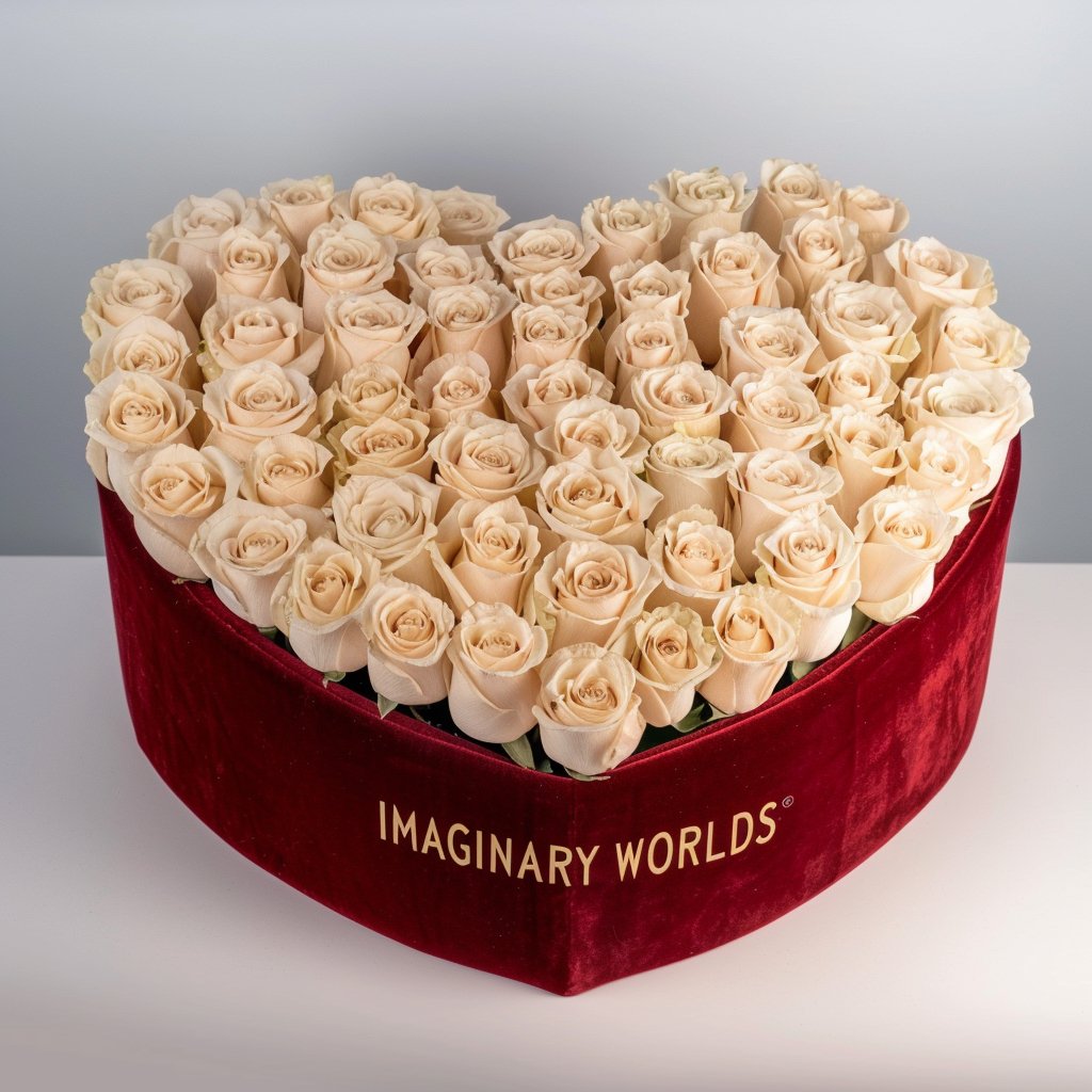 White Forever Roses in Heart - Shaped Velvet Box - Imaginary Worlds