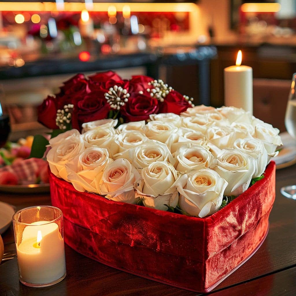 White Forever Roses in Heart-Shaped Velvet Box - Imaginary Worlds