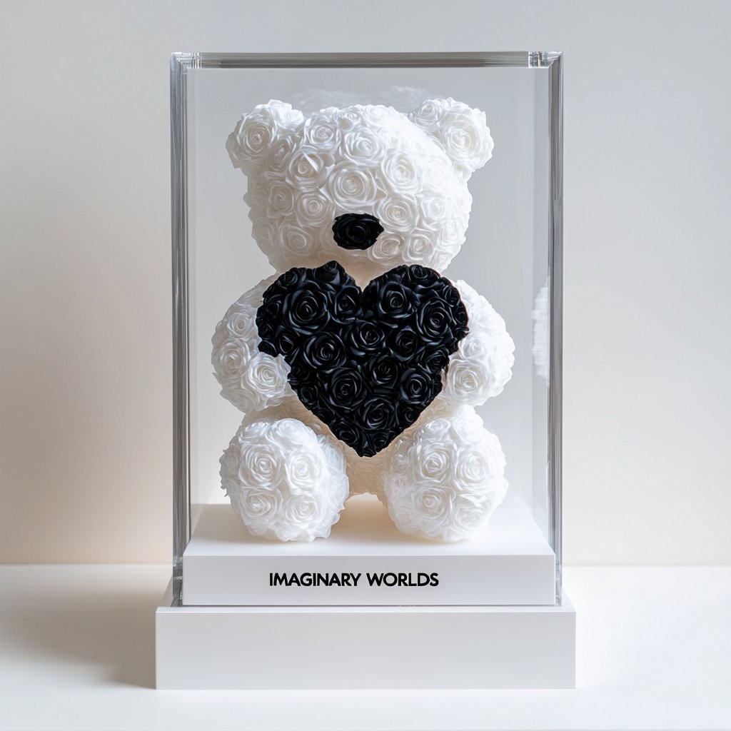 White Rose Bear with Black Roses Heart - Imaginary Worlds