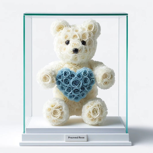 White Rose Bear with Blue Roses Heart - Imaginary Worlds