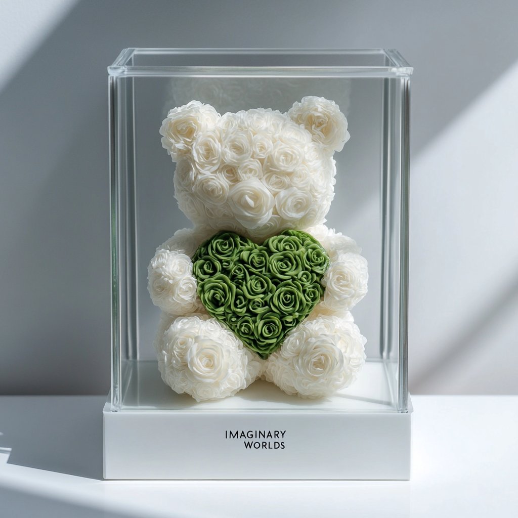 White Rose Bear with Green Roses Heart - Imaginary Worlds