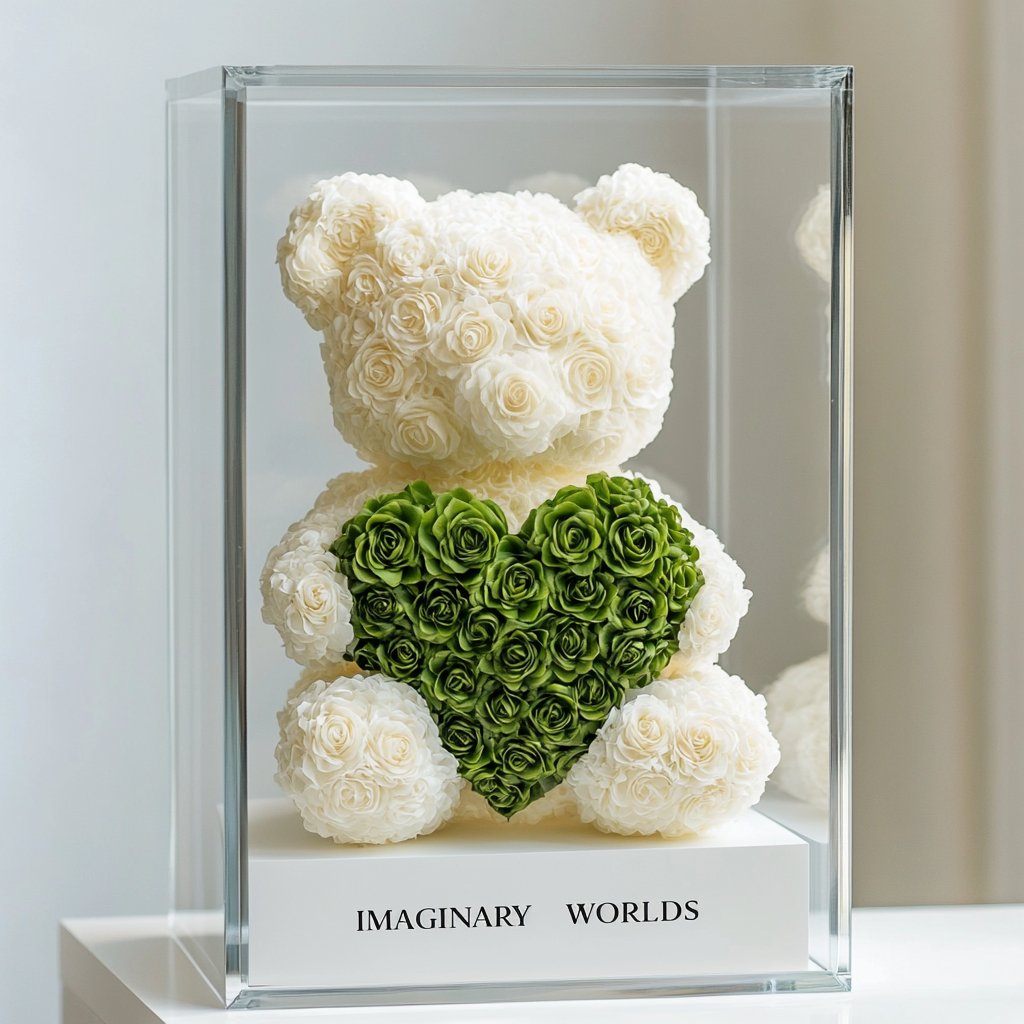 White Rose Bear with Green Roses Heart - Imaginary Worlds