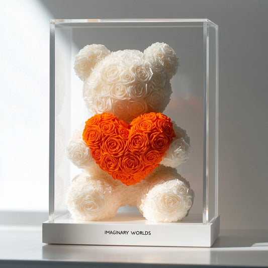 White Rose Bear with Orange Roses Heart - Imaginary Worlds