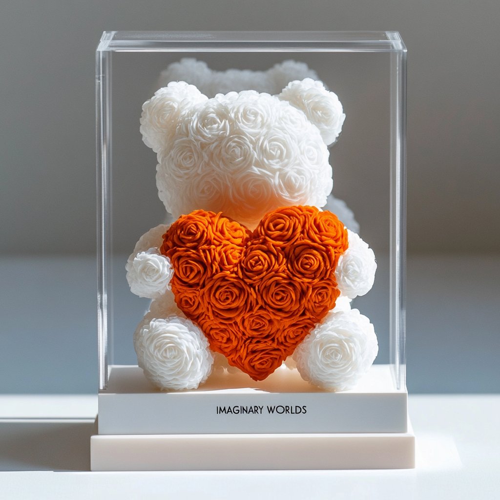 White Rose Bear with Orange Roses Heart - Imaginary Worlds