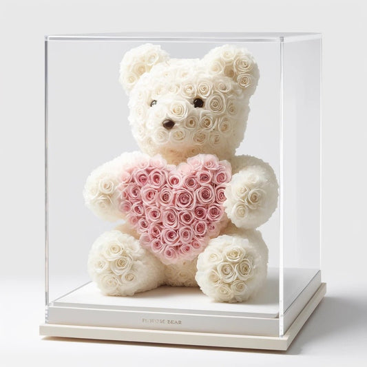 White Rose Bear with Pink Roses Heart - Imaginary Worlds