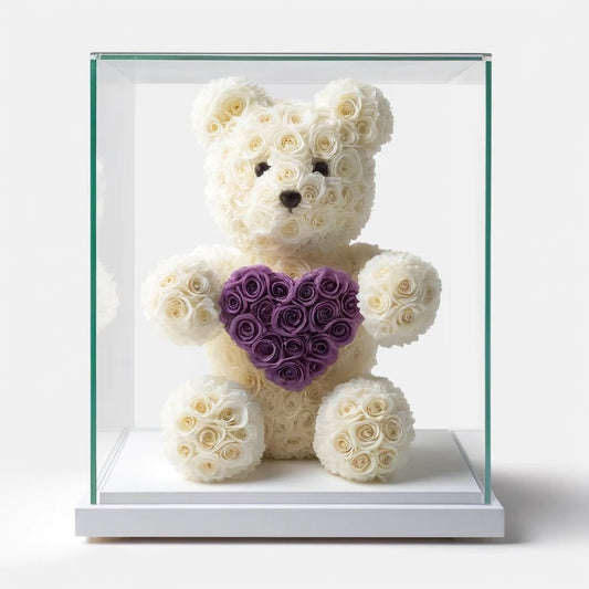 White Rose Bear with Purple Roses Heart - Imaginary Worlds