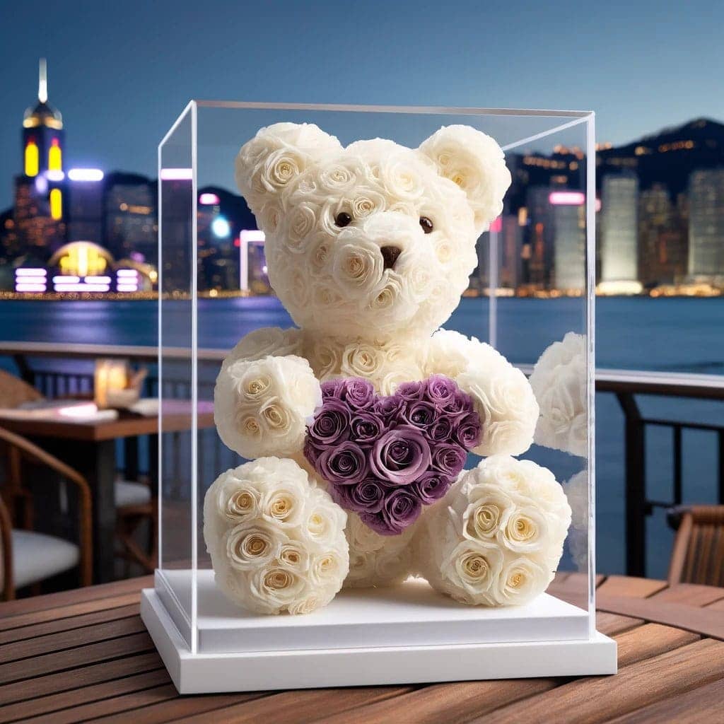 White Rose Bear with Purple Roses Heart - Imaginary Worlds