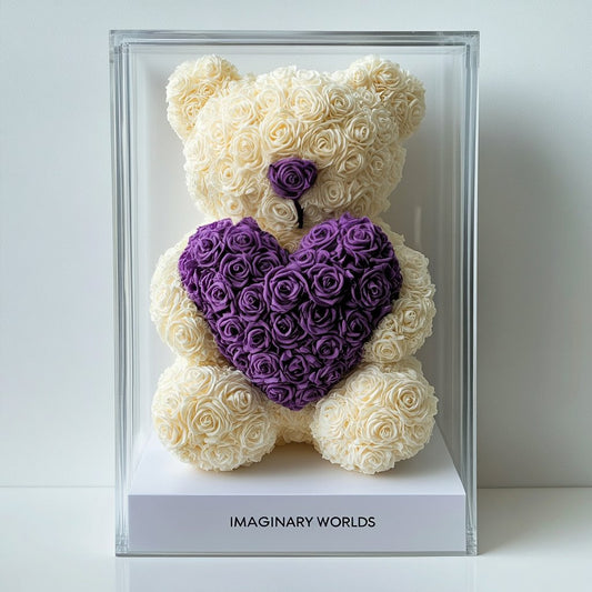 White Rose Bear with Purple Roses Heart - Imaginary Worlds