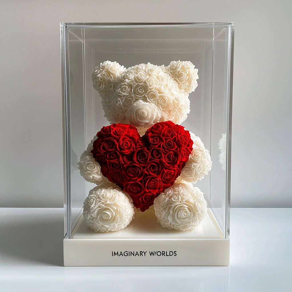 White Rose Bear with Red Roses Heart - Imaginary Worlds