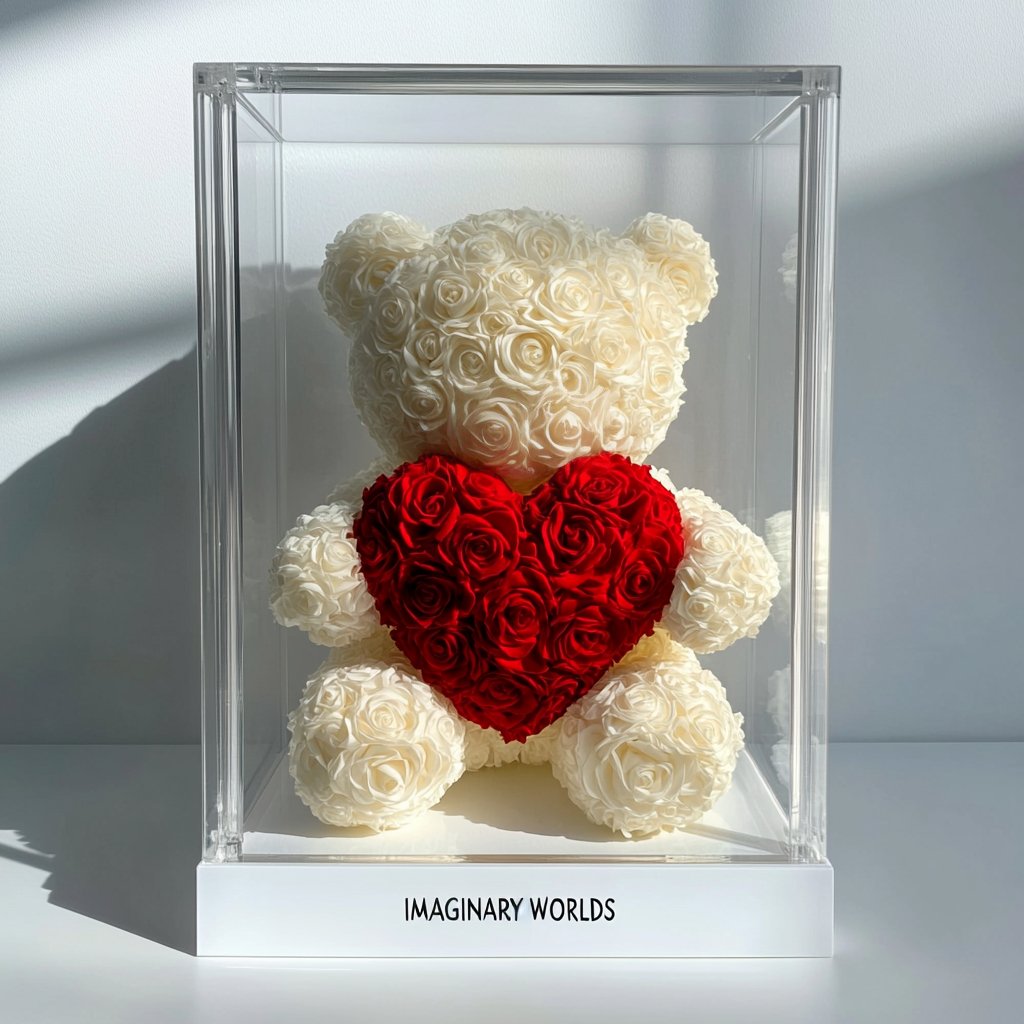 White Rose Bear with Red Roses Heart - Imaginary Worlds