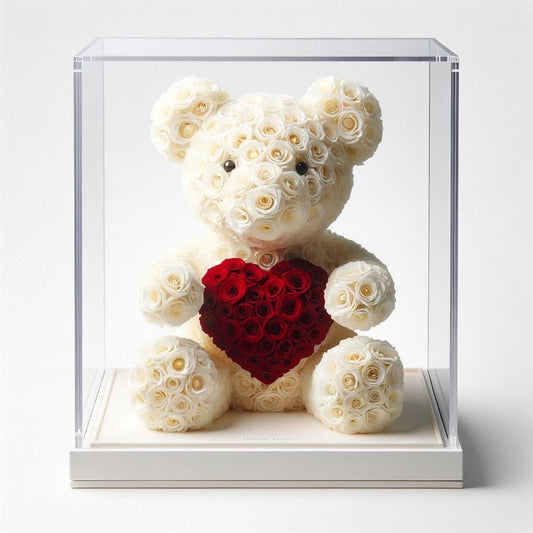 White Rose Bear with Red Roses Heart - Imaginary Worlds