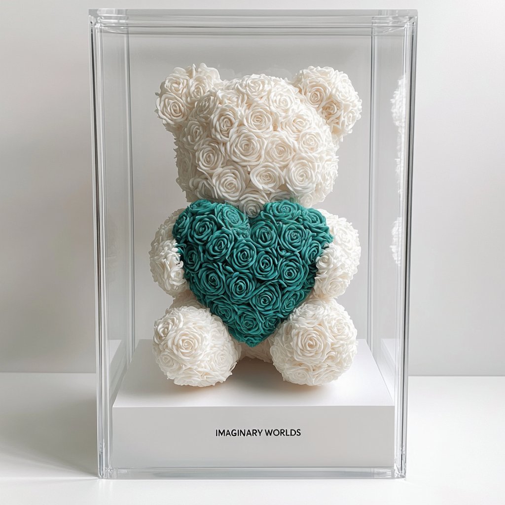 White Rose Bear with Teal Roses Heart - Imaginary Worlds